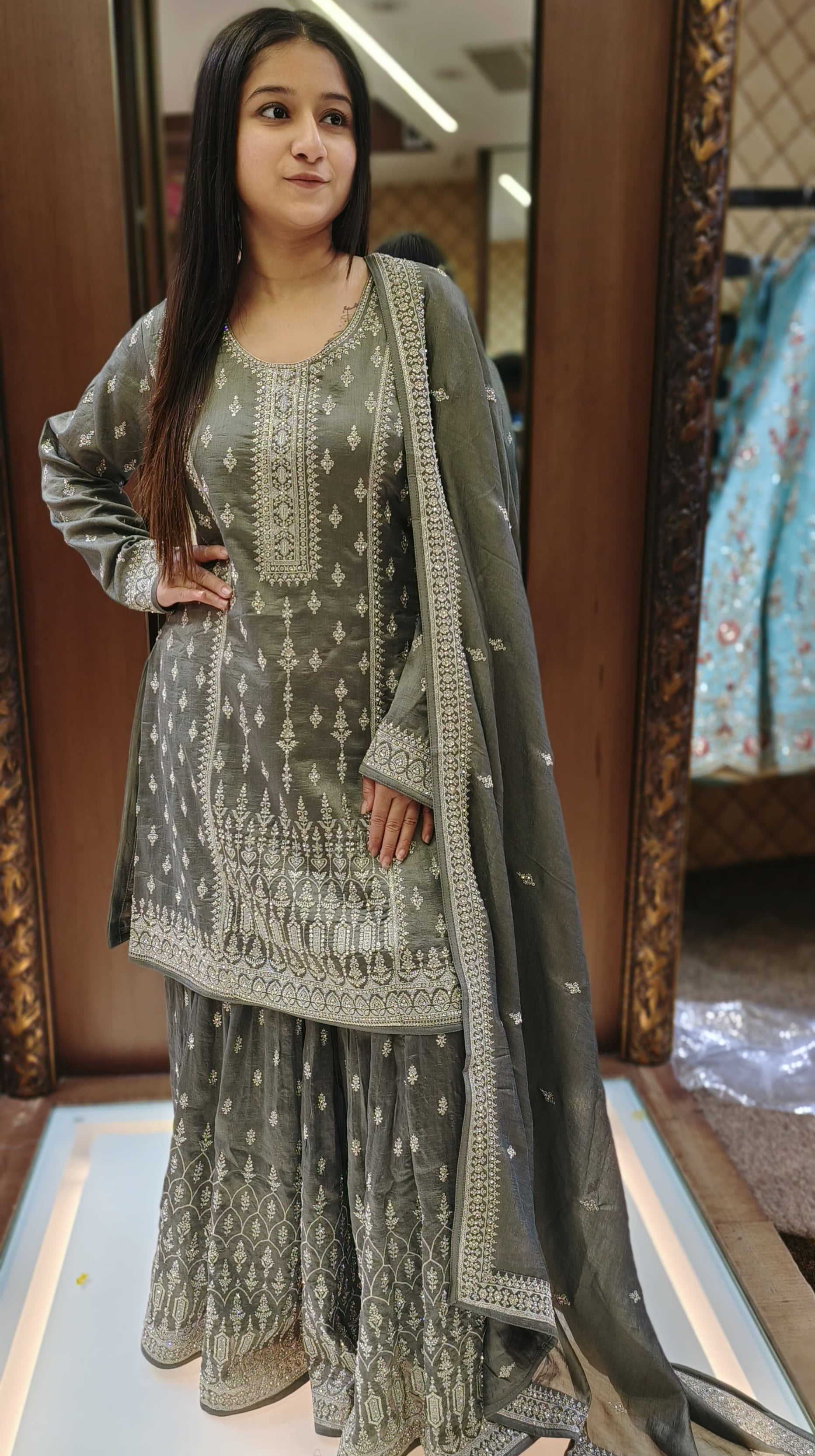 Grey Color Silk Zari Embroidered Work Palazzo Suit
